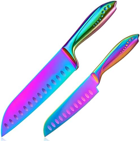 Набор от ножове WELLSTAR Rainbow Santoku от 2 теми, Остър Нож на немската Неръждаема стомана Granton Edge, 7 см и 5 см Santoku за Големи и Малки Ръце, Гладка, Нарязване на Кубчета Месо Зелен