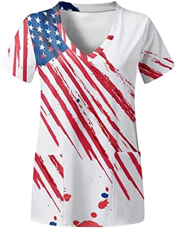 Тениски на 4 юли, Ризи за Жени с Флага на САЩ, Летни Тениски с Къс Ръкав и V-образно деколте, 2 Джоба, Блузи, Празнична Ежедневни работни Дрехи
