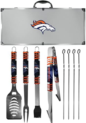 Магазин за спортни фенове на NFL Siskiyou Denver Broncos Steel Tailgater Комплект за барбекю с Калъф от 8 теми Сив цвят