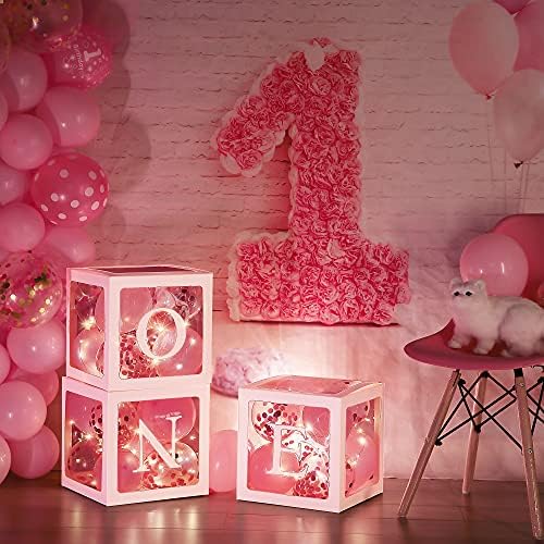 Кутии с балони за Първия Рожден Ден, ЕДИН Прозрачен Бял балон с 3 led гирлянди и 32 балони за Момиче, Момче, Украса за парти на 1-ви Рожден ден, Подпори за Фотосесии (Розов