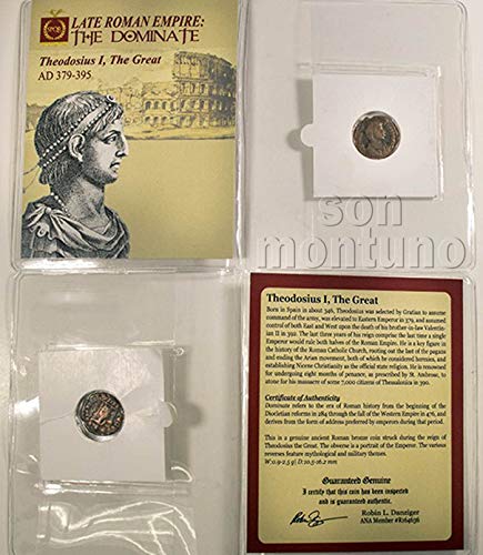 ТЕОДОСИЙ I - Древнеримская бронзова монета в папката със сертификат за автентичност 379-395 година. крумовград