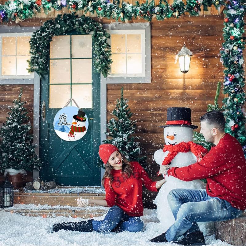Весел Коледен Знак Дървена Нека Вали Сняг, Снежен човек Зимна Сцена Селски Дървен Знак Коледен Окачен Декор, Дървени Стенни