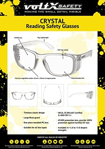 Защитни очила за четене с полнообъективным увеличаване на voltX 'Кристал', ANSI Z87.1+ и CE EN166F (+ 1,0 диоптър,