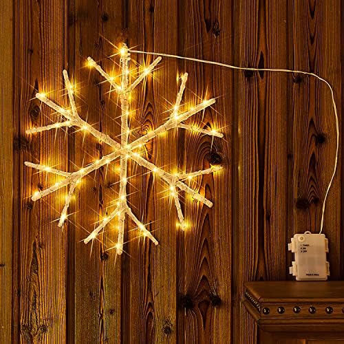 Fudios Снежинка Светлини Топъл Бял На Батерии с Таймер 70 LED 14 инча за Коледната Украса на Стени, Прозорци, 2 комплекта
