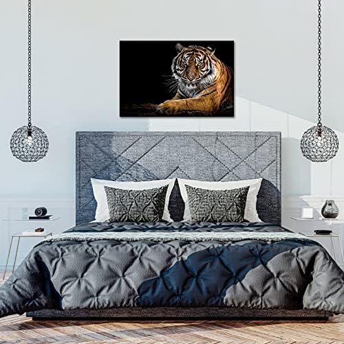 TiuAuiT Диво Животно Платно монтаж на стена Арт Изображение на Тигър Печат на Тъмен Фон Свиреп Кралски Бенгалски Тигър