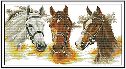 Joyautum Три Коня Животни 14 карата Брои комплект за кръстат бод 11 карата Печатни Настройки на Плат Бродерии САМ Ръкоделие