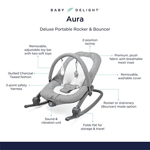 Baby Delight Aura Deluxe | Преносим Детски батут за деца | Детски люлеещ се стол | Ватиран Дървени въглища Туид