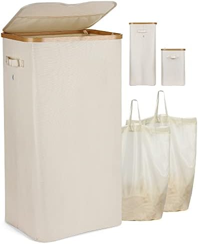 Кошница за дрехи yamagahome с капак, Сгъваема Голяма Кошница за дрехи с обем 100 литра, с 2 Подвижни торби за