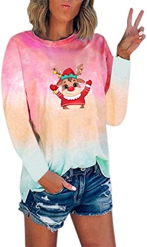Коледни Тениски за Жени Удобни Люлки Туника Топ Вратовръзка Боядисана Сплайсинговая Риза Тениска Коледни Ръкави