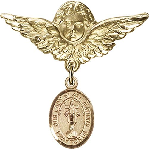 Иконата на бебе със златен пълнеж, Талисман Богородица на всички нации и знака Ангел с крила, 1 1/8 X 1 1/8 инча