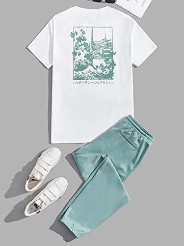 FDSUFDY/ Мъжки облекла от две части, Мъжка тениска с цветен модел и слоган и спортни панталони с завязками на талията (Цвят: многоцветен, Размер: Малък)