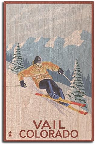 Вейл, Колорадо, Стенни знак от бреза дърво Vail Downhill Skier от бреза дърво (декорация за дома в селски стил 10x15, Готова за вывешиванию)