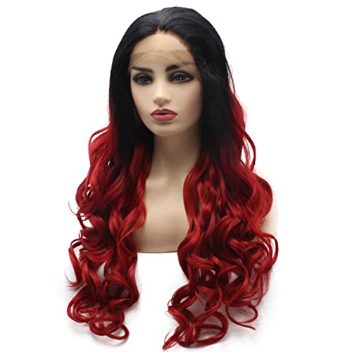 Peakia Дълги вълнообразни черно-червен двуцветен перука с ефект омбре, наполовина свързани ръчно синтетични перука на