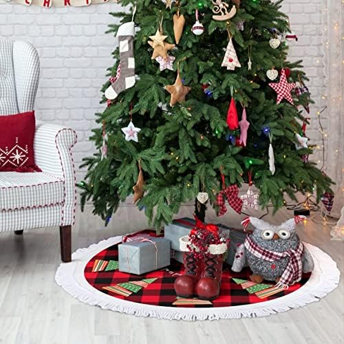 Пола за Коледната елха, Весела Коледа на всички и Спокойна нощ, Подложка за Коледната елха с четка 30 Червените Карирани