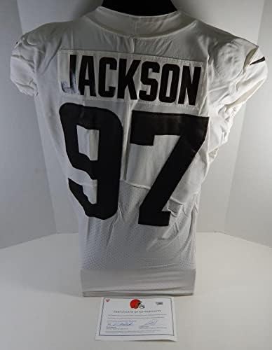 2021 Cleveland Browns Малик Джаксън #97 Използвана В играта Бяла Тренировочная майк 44 407 - Използваните В играта тениски NFL Без подпис