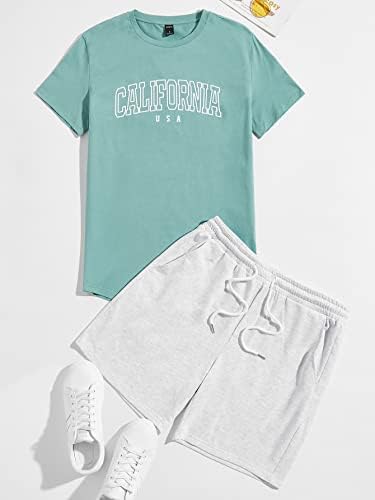 NIBHZ Комплект дрехи от две части за мъже, тениски с надпис и спортни шорти с наклонена джоб, пълен комплект