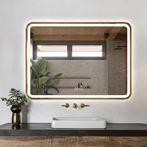 Правоъгълно огледало с led осветление TheiaMo, Огледало за баня с регулируема яркост 30 x 22, Монтиране на Тоалетен огледало с окосена метална рамка, 45 °, водонепроницаемое