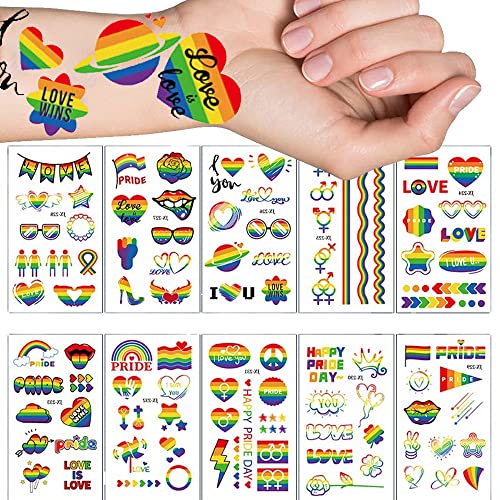 10 Листа с Татуировки гей-Прайда, с Преливащи се цветове Временни Татуировки, Стикер за ЛГБТ лица, с Преливащи се цветове