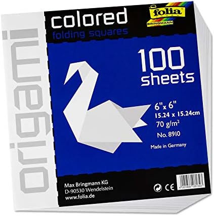 Хартия за сгъване оригами Folia, Бяла 6x6 инча, 100 Листа в опаковка, Първокласно качество за декоративно-приложно творчество, Хартия за лесно сгъване