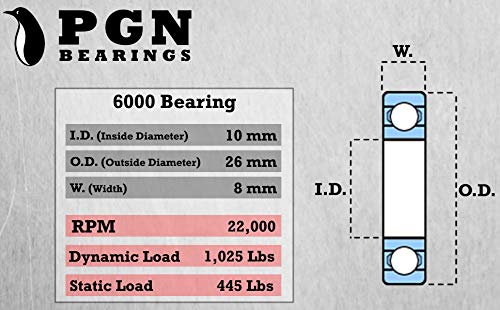 Носещи PGN (4 опаковки) 6000-2RS - Фланец сачмен лагер от хромирана стомана със смазка - Лагери 10x26x8 мм, с гумено уплътнение и поддръжка на високи обороти