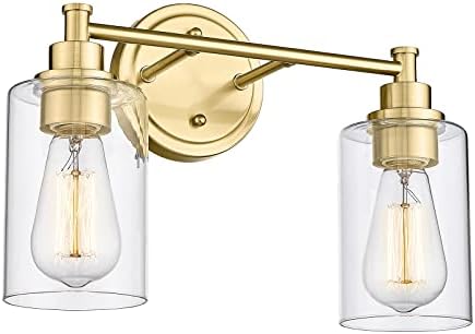 Лампа за тоалетна масичка FEMILA Champagne Gold, 2-Те светлинни тела за баня, Модерно стенни аплици за баня с абажуром от прозрачно стъкло, 4FYC56B-2W BG