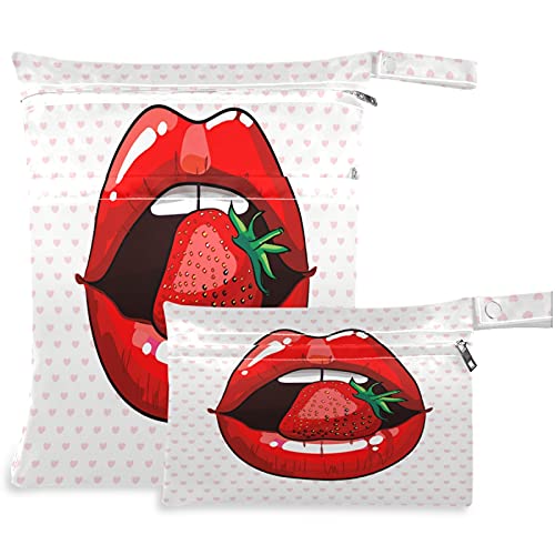visesunny Red Lip Starberry 2 бр., Влажна чанта с джобове с цип, Моющаяся, Множество, Голям за Пътуване, плаж, басейн, детска