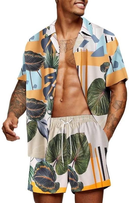 Мъжки комплект с принтом LEIGE, Риза с къс ръкав копчета с ревери и Плажен Кратък Летен Комплект за Мъже, Хавайски Случаен