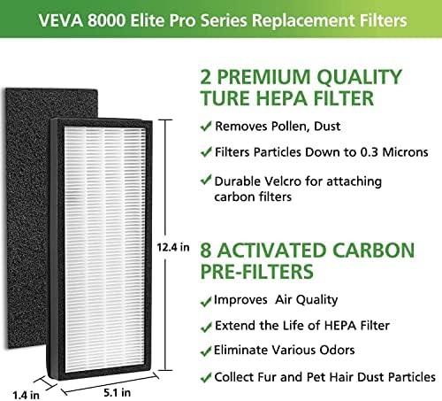 Истински взаимозаменяеми HEPA филтър за въздушен филтър серия VEVA 8000 Elite Pro, 2 филтър HEPA и 8 предварителни филтри с активен въглен премиум-клас (за доставка на повече от 2