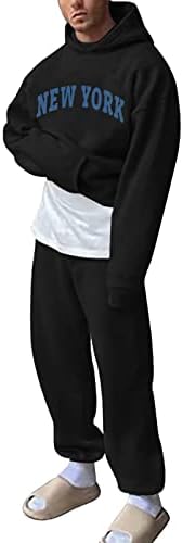 Мъжка Мода на Ежедневните Букви Плътен Цвят От Две Части С Качулка и Джоба Каишка Пуловер Пуловер, Панталони Комплект Мъжки