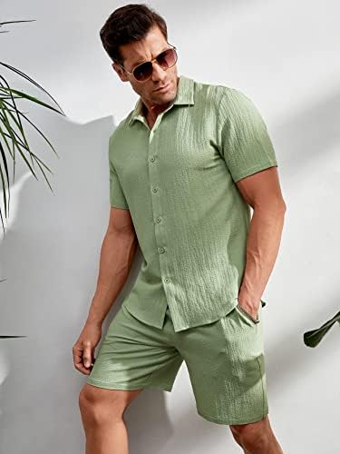 Мъжко облекло от две части, Мъжки Однотонная риза с копчета отпред и къси Панталони с завязками на талията (Цвят: мятно-зелен,