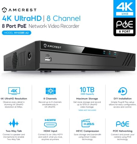 Мрежов видеорекордер Amcrest NV4108E-A2 4K 8CH POE NVR (1080p/3MP/4MP/5MP/8MP) -Поддържа до 8 IP камери x 8MP /4K,