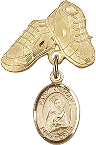 детски икона от жълто злато 14 карата с чар Светия Виктория и игла за детски сапожек, 1x5/8 инча