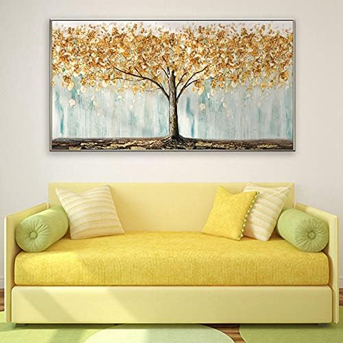 Ръчно рисувани Живопис с маслени бои Върху платно Парични Дървета Златни Цветя Пейзаж Картина За Украса на стени