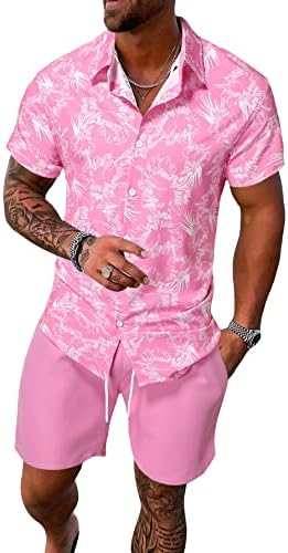 GORGLITTER Мъжки Хавайска Риза с къс Ръкав и Тропически Принтом Копчета, Комплект Шорти с завязками На Талията и Джоб