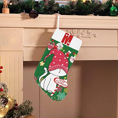 Коледни Чорапи с монограм Santa Котка с Буквата M и Сърце с Размер 18 инча Зелено-Бял цвят
