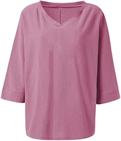 Памук, Ленени Ризи за Жени Оверсайз с 3/4 Ръкав, Однотонная Блуза с V-образно деколте, Ежедневни Свободни Обикновен