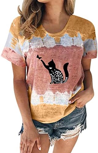 Тениска Вратовръзка Боядисват, Дамски Тениски с Изображение на Животно Котка, Върхове 2023, Лятна Тениска с Кръгло