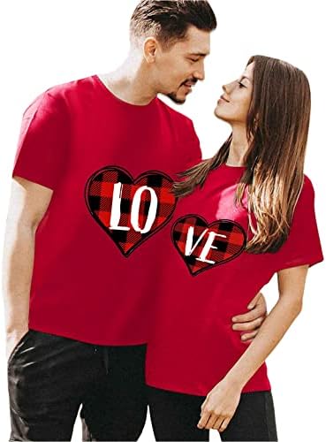 Двойка Тениски за съпруг и Съпруга, Най-в Клетка Бъфало с участието на Сърце Любов, Ежедневна Блуза с Къс Ръкав в Свети