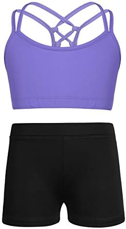 YiZYiF/ Комплект дрехи за гимнастика танци от 2 теми за момичета, Скъсяване на Върхове с изрези на ремешках и Къси