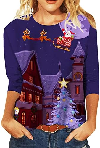 Дамски Ежедневни Коледна Тениска С Хубав Принтом Ръкави и Три-Четвърти Дамски Потник, Блуза