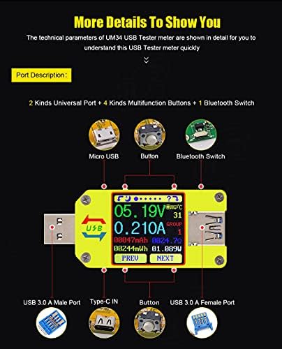 RD UM34C 4A USB3.0 USB Bluetooth Метър Тестер за Напрежение Ток Мощност Зарядно Устройство Волтметър Амперметър Мултицет