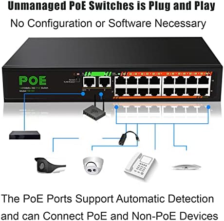 TEROW Линк TEX191 18 Пристанища 190 W PoE комутатор Неуправляван Ethernet switch 16 Порта на 100 Мб/с PoE комутатор с 2 Гигабитными възходящи порта, IEEE 802.3 af/AT丨ai Detection丨 Plug & Play丨 Издръжлив М