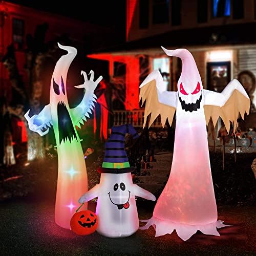 VIVOHOME Хелоуин Надуваем Бял Призрак 3 Серии с Цветни led Светлини за Външна Украса на Тревата на Двора