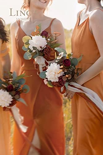 Ling's Moment 7-Инчов Букети за Шаферките от жженых оранжеви и Теракот Изкуствени цветя за сватба, Комплект от 6
