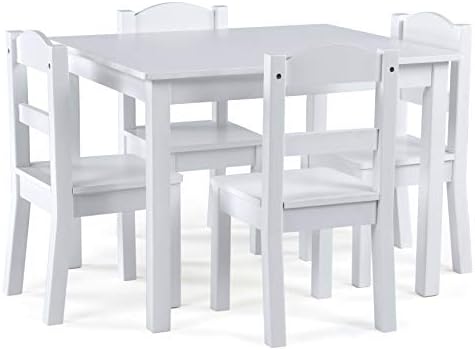 Скромен Екипаж, Определени от Бял Детска Дървена маса и 4 Стола, Сиво-Бял Органайзер за Детски играчки с 12 Чекмеджета