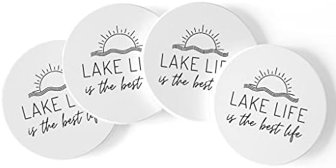 Lake Simple Life, Joyride Home Décor 4 Керамични подложки, 4-инчов кръгли поставки за напитки, комплект от 4 парчета, нескользящая corkboard делото, защитава повърхността, изразява вашия