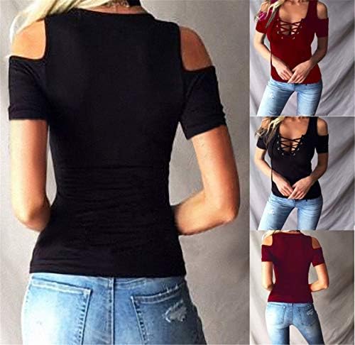 Andongnywell/ Дамски Секси Тениска с открити рамене, дантела, С Къс ръкав, Блуза с V-образно деколте, Най-Отпред, Тениски, Ризи