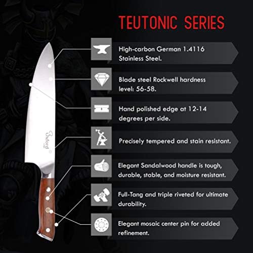 Комплект кухненски ножове Oxford CHEF с блок: 8 германски ножове 1.4116 от високо неръждаема стомана с ергономични дръжки от сандалово дърво и стилно оформена блок от дърво