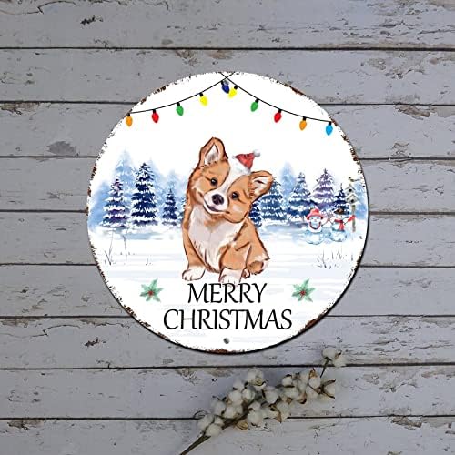 Весела Коледа Врата Табела Кученце Кучето Шапка на дядо коледа Кръгла Метална Лидице Знак Открит Коледен Венец Декорация