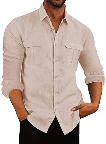 Мъжки Ленени Ризи-карго копчета, Ежедневни Лятна Плажна Риза с дълъг ръкав, Потници, Лека Свободна Риза с джобове (Син, 3X-Large)